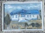 Tablou / lucrare veche, ulei pe panza, Conac de țară, 54x34 / 46x32, cu rama, Sorin Ionescu, arta romaneasca, artist roman