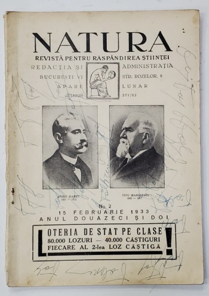 NATURA , REVISTA PENTRU RASPANDIREA STIINTELOR , Nr. 2 , 1933, PREZINTA INSEMNARI PE COPERTA