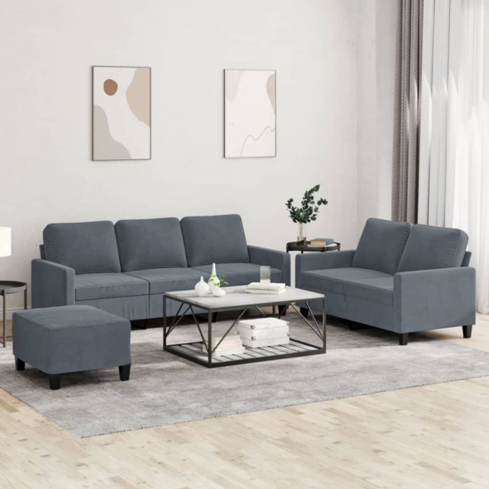 vidaXL Set de canapele cu perne, 3 piese, gri &icirc;nchis, catifea
