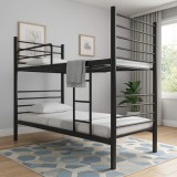 Pat metalic supraetajat, 2 persoane, bara protectie, cu scara, 90x200 cm, negru