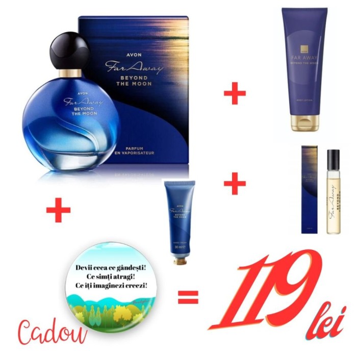 Set cadou premium Far Away Beyond the Moon , parfum 50 ml + lotiune de corp 125 ml + mini parfum 10 ml + crema de maini 30 ml + insigna motivationala