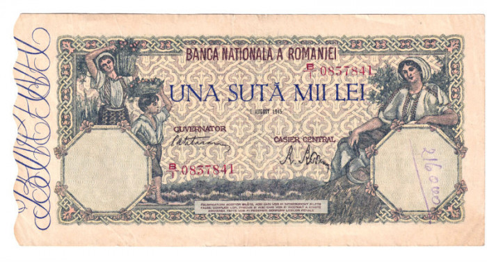 ROMANIA 100 000 LEI AUGUST 1945 STARE FOARTE BUNA