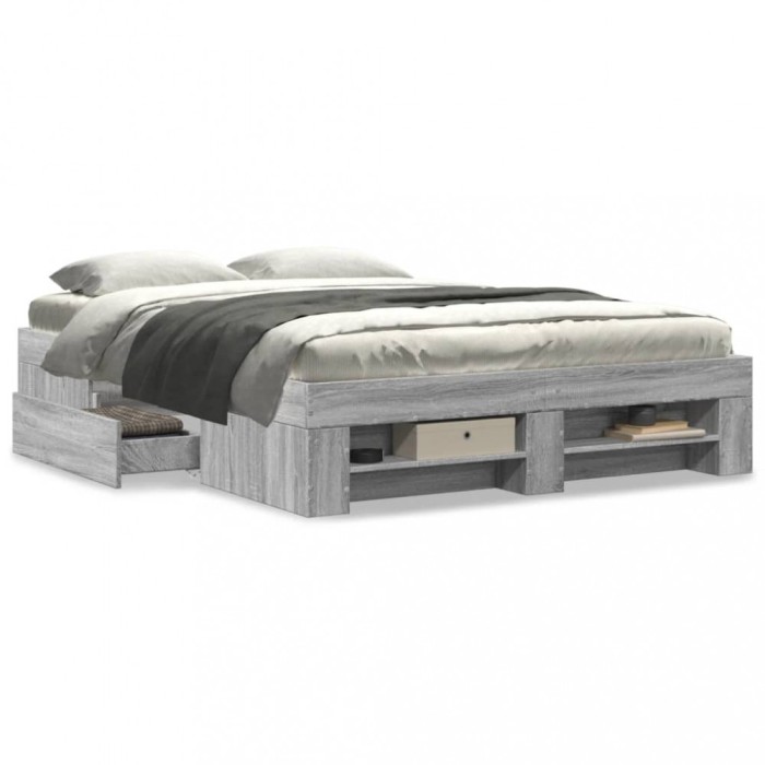vidaXL Cadru de pat, gri sonoma, 135x190 cm, lemn prelucrat 3295511