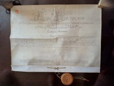 NI515 Diploma cu pecete at&acirc;rnată, pe pergament, doctor &icirc;n științe juridice a senatorului Augustin Bardoși, Universitatea Franz Joseph din Cluj, 1909