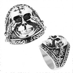 Inel din oţel în nuanţă argintie, craniu lucios cu cruce, lanţuri, patină - Marime inel: 59