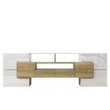 Dulap TV cu iluminare LED, suprafețe din sticlă, cu 6 uși, 2 sertare și 3 compartimente, 145x30x51 cm, Alb+Natur.