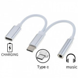 Adaptor audio USB-C la jack stereo 3.5mm + USB-C T-M 10cm Alb, ku31zvuk02, Oem