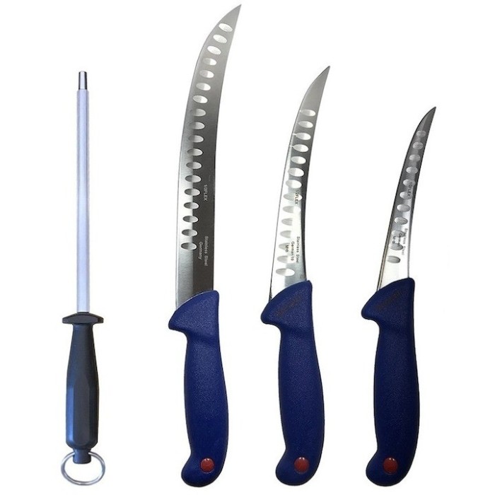 Set cutite profesionale de macelarie, transat, dezosat, filetat, 3 cutite, masat pentru ascutit, otel carbon
