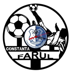 Ceas de perete decorativ realizat din disc de vinil, Model Farul Constanta, Fotbalist in Foarfeca si Mingi, Text Constanta Farul, Negru, 30 cm