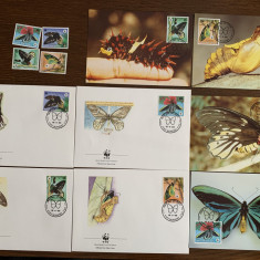 papua - fluturi - serie 4 timbre MNH, 4 FDC, 4 maxime, fauna wwf