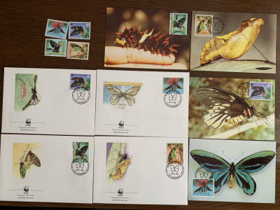 papua - fluturi - serie 4 timbre MNH, 4 FDC, 4 maxime, fauna wwf foto