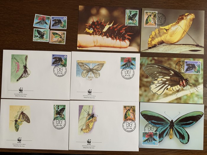 papua - fluturi - serie 4 timbre MNH, 4 FDC, 4 maxime, fauna wwf