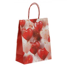 Sacosa Cadou Holografic Inimi, Hartie, Rosu, 25.5x12x32cm