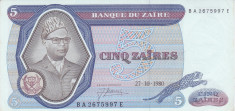 Bancnota Zair 5 Zaires 1980 - P22b UNC foto