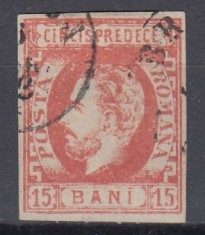 ROMANIA 1872 LP 32 REGELE CAROL I CU BARBA 15 BANI ROSU POINCON STAMPILAT