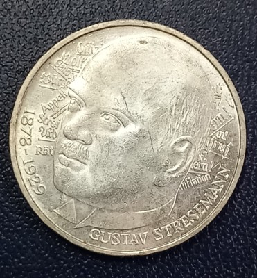 (S) MONEDA DIN ARGINT GERMANIA - 5 MARK 1978, LIT. D, GUSTAV STRESEMANN foto