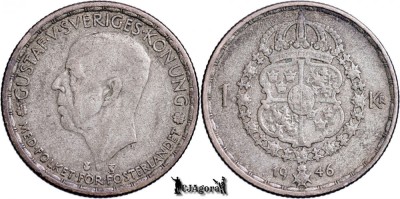 1946 TS, 1 Krona - Gustav al V-lea - Regatul Suediei | KM 814 foto