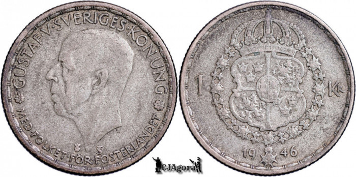 1946 TS, 1 Krona - Gustav al V-lea - Regatul Suediei | KM 814