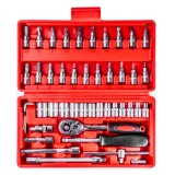 Set chei tubulare 46 piese AMiO, 1/4 inch, otel crom-vanadiu Cr-V, clichet 150 mm, prelungitoare 50/100 mm, biti Torx HEX Philips Pozidriv