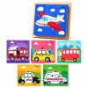 Joc din lemn multicolor 11 x 11 x 3.2 cm cu 9 cuburi rotative, 6 puzzle-uri cu mijloace de transport, joc educativ pentru copii 4-6 ani