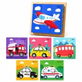 Joc din lemn multicolor 11 x 11 x 3.2 cm cu 9 cuburi rotative, 6 puzzle-uri cu mijloace de transport, joc educativ pentru copii 4-6 ani