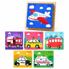 Joc din lemn multicolor 11 x 11 x 3.2 cm cu 9 cuburi rotative, 6 puzzle-uri cu mijloace de transport, joc educativ pentru copii 4-6 ani