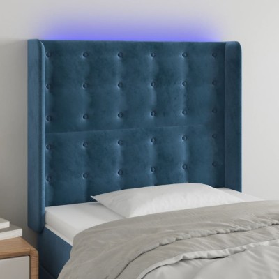 vidaXL Tăblie de pat cu LED, albastru &amp;icirc;nchis, 93x16x118/128cm, catifea 3124522 foto