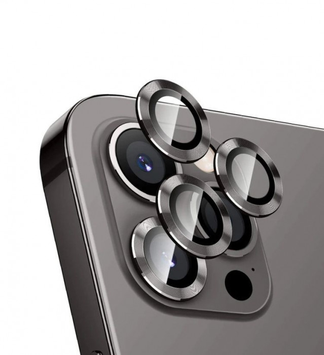 Sticla de protectie camere cu cadru din aluminiu pentru iPhone 12 Pro, Negru