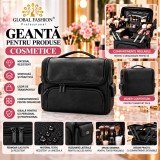 Geantă pentru cosmetice neagră, compartimentată, textil, cu m&acirc;ner