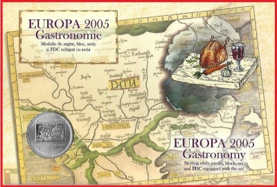 ROMANIA 2005 - LP 1683 - EUROPA 2005 - GASTRONOMIE, PLIANT CU MEDALIE DE ARGINT( 925; 37mm; 27grame) foto