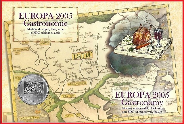 ROMANIA 2005 - LP 1683 - EUROPA 2005 - GASTRONOMIE, PLIANT CU MEDALIE DE ARGINT( 925; 37mm; 27grame)