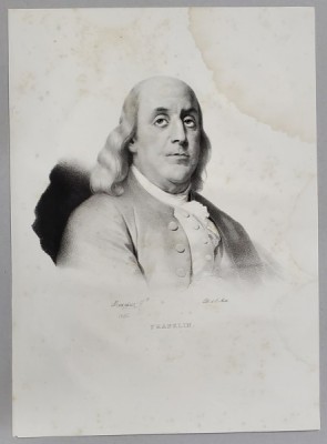 BENJAMIN FRANKLIN , FONDATOR AL STATELOR UNITE ALE AMERICII , SAVANT SI OM POLITIC , LITOGRAFIE , DESEN de MAUZAISSE , litografiat de C. MOTTE , 1826 foto