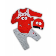 Set body, pantaloni si caciulita raci rosu bebelusi bumbac 3-9 luni
