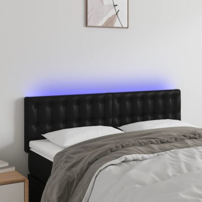 vidaXL Tăblie de pat cu LED, negru, 144x5x78/88 cm, piele ecologică 3121702 foto