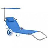 Șezlong Pliabil Plajă vidaXL, Baldachin, Roți, Albastru, Oțel, Tetieră, Spătar Reglabil, 120kg
