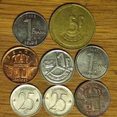 Belgia - colectie 8 monede diferite - 25 + 50 centimes + 1 & 5 franc - superbe !