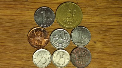 Belgia - colectie 8 monede diferite - 25 + 50 centimes + 1 &amp;amp; 5 franc - superbe ! foto