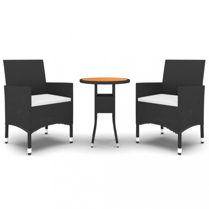 Set bistro de gradina, 3 piese, negru, poliratan si lemn masiv