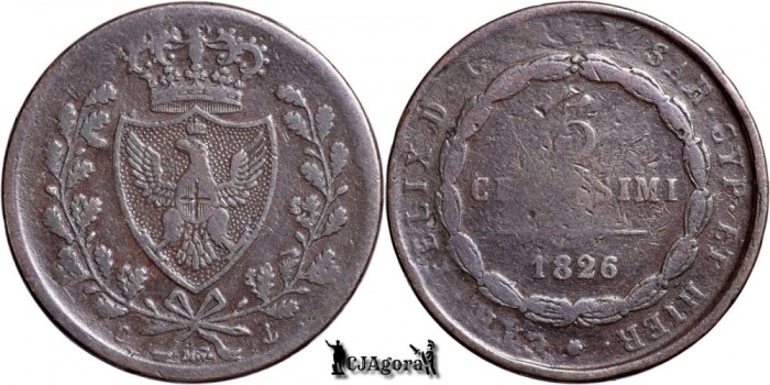 1826 P, 5 Centesimi - Carlo Felice - Regatul Sardiniei