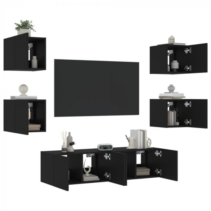 Unitati de perete TV cu LED-uri, 6 piese, negru, lemn prelucrat GartenMobel Dekor