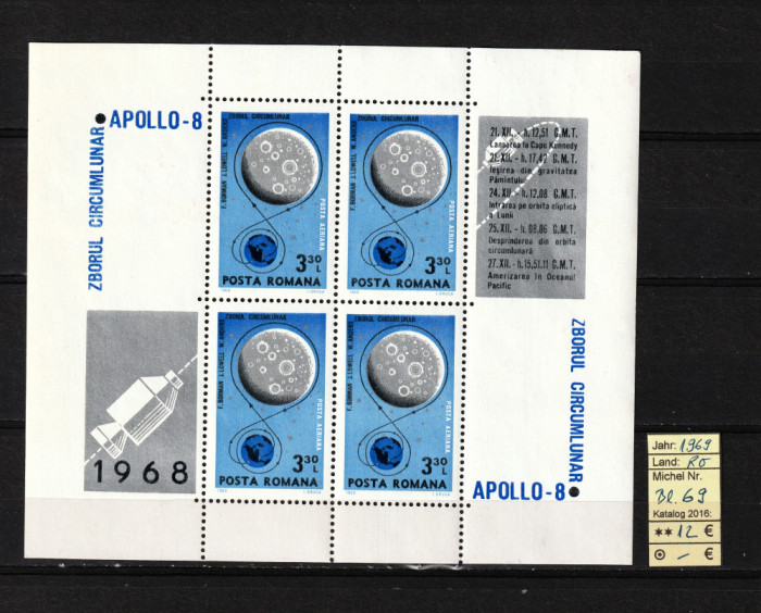 Timbre Romania, 1969| Misiunea Apollo 8 - Cosmos | Bloc M/S - MNH | aph