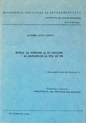 Universitatea Bucuresti Teza Doctorat Biologie - Antohe Anca Lidya, 1981 foto