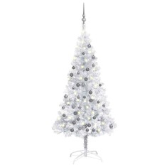 vidaXL Brad Crăciun pre-iluminat cu set globuri, argintiu, 150 cm, PET