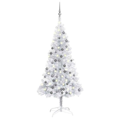 vidaXL Brad Crăciun pre-iluminat cu set globuri, argintiu, 150 cm, PET 3077695 foto