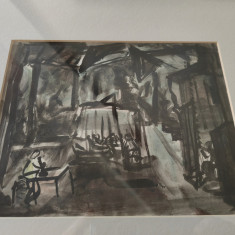 Tablou inramat, guasa,George Tomaziu(1915/1990), Scena decoruri, 20x15 cm/40x30