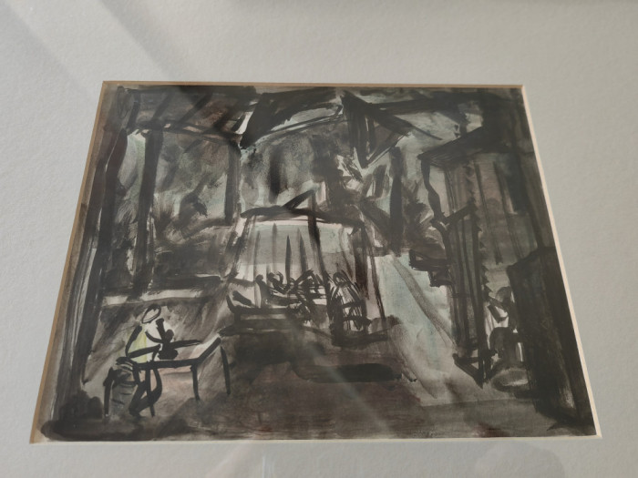 Tablou inramat, guasa,George Tomaziu(1915/1990), Scena decoruri, 20x15 cm/40x30