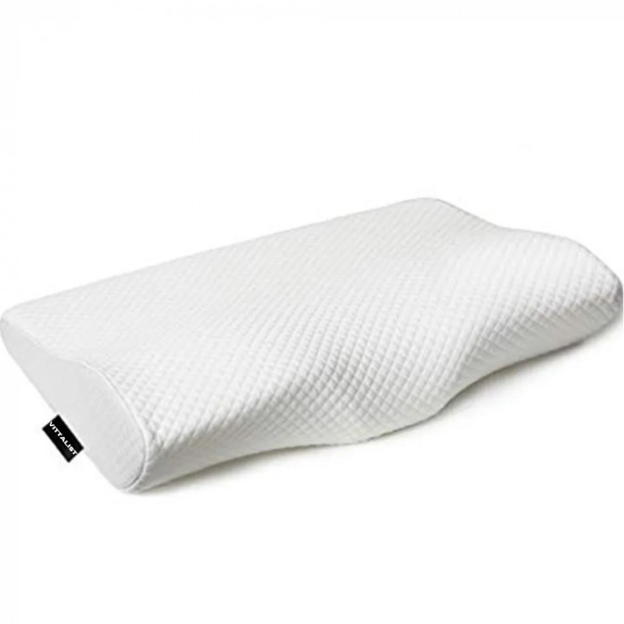 Perna ortopedica pentru dormit VITTALIST, Spuma cu memorie ergonomica si suport cervical, fermitate medie, 53 x 31 cm