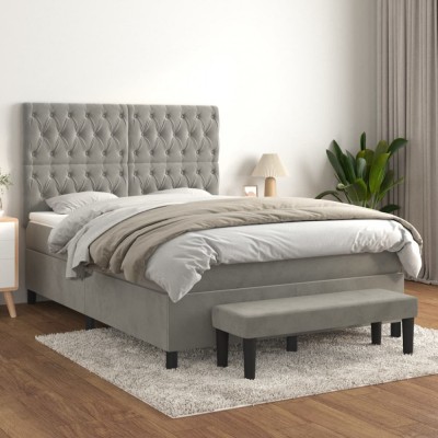 vidaXL Pat box spring cu saltea, gri deschis, 140x200 cm, catifea foto