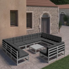 vidaXL Set mobilier de grădină cu perne, 12 piese, gri, lemn masiv pin