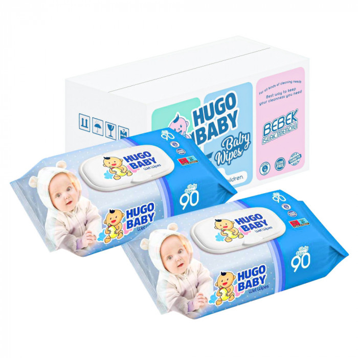 Servetele umede Hugo Baby, cu emoliant, 2 pachete x 90, 180 buc, pachet albastru